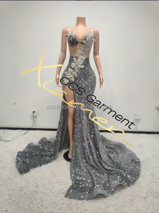 silver rhinestone birthday dress Luxurious Silver Rhinestone Velvet Sequin Prom Dress main image 1