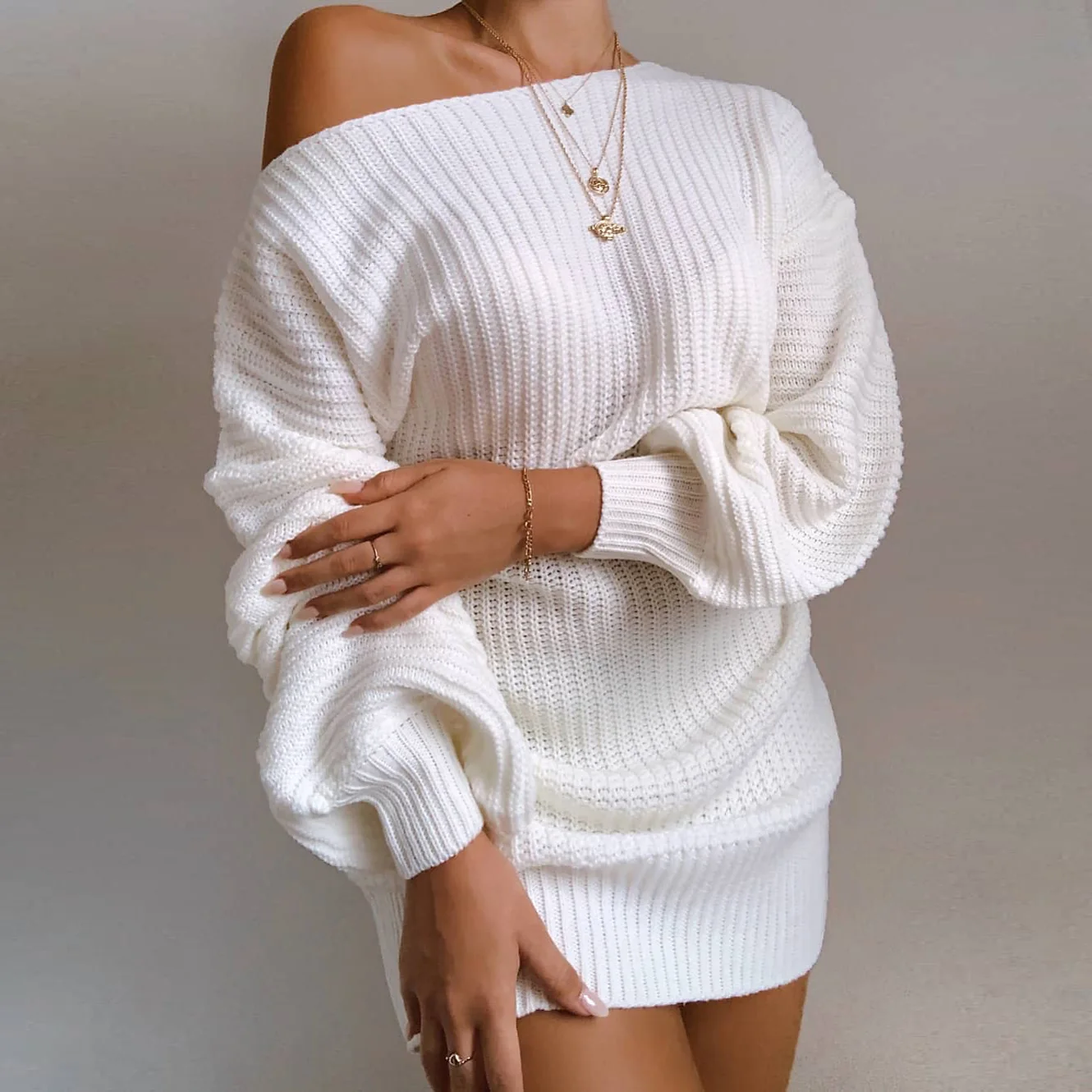 Casual Knitted White Warm Bubble Lantern Sleeve Loose Round Neck Pullover Long Off Shoulder Sweater Dress For Women - Buy Women Sweater Strapless O Knitted Lantern Sweater,Fashion Fall Winter Clothes