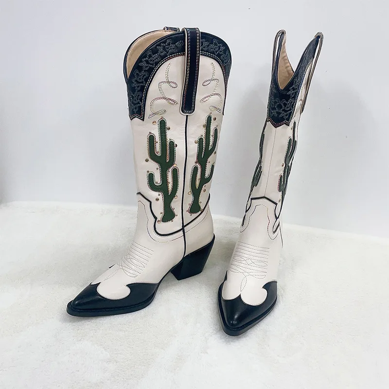Hot Selling Chunky Heel Knee High Boots Ladies Pointed Toe Embroidery Cactus Women Western Cowboy Boots - Image 3