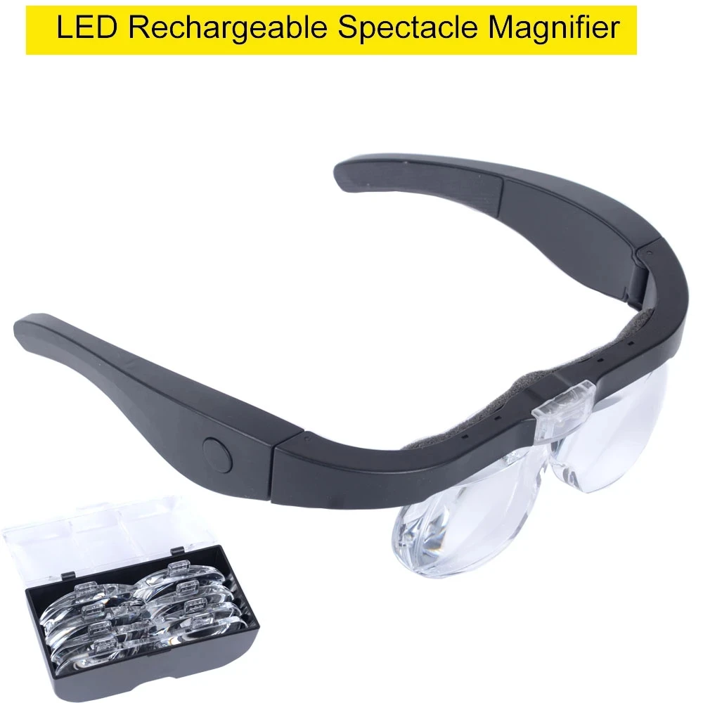 LED Headband Magnifier Rechargeable Free Magnifying Glasses with 6  Detachable Lens for Close Work Reading Jewelry Craft Repair