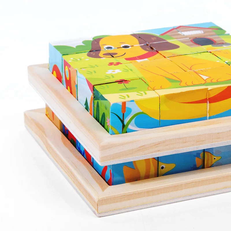 Best Selling Wooden Six-sided Cube Puzzle Transportation Animal Wooden Cube Puzzle Assembling 3d Wooden Puzzle Cube