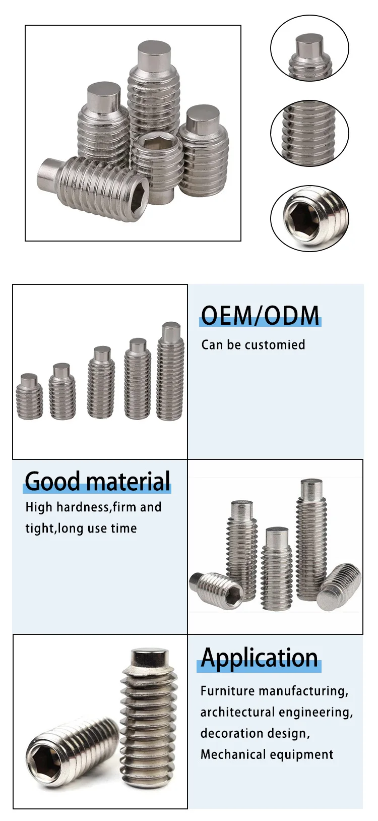 China wholesale 0-10mm Stainless steel Zinc Plated Dog Point Set Screws For Mechanical equipment details