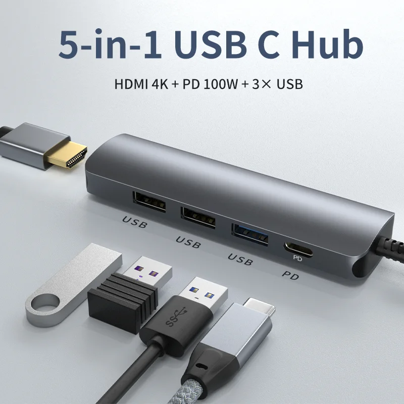 ULT-unite Right Angle 5-in-1 USB Type C Hub with 4K 30Hz HDMI USB 3.0 2.0 and PD 100W Ports USB C Laptop Docking Station