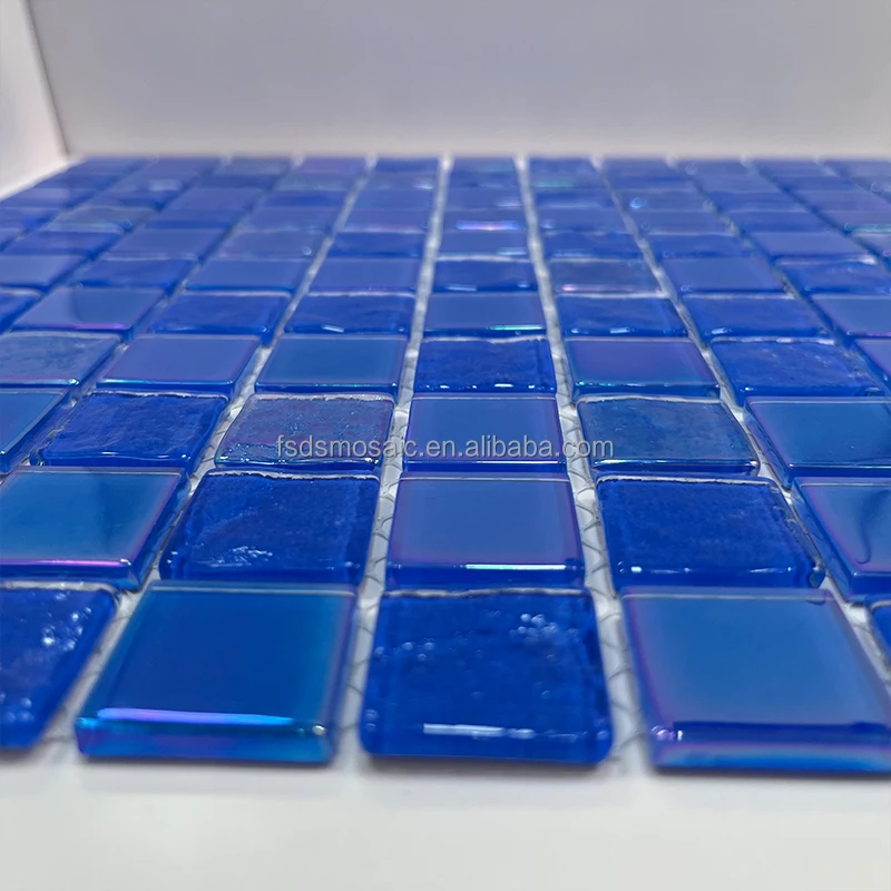 DS 4mm Sky Blue Green Crystal Glass Mosaic Tile Modern Indoor Interiors Swimming Pool Wall Decorative Iridescent Rainbow Color