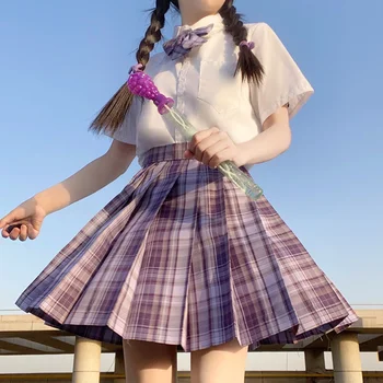 2022 Fashion Japanese Girl School Tie Uniform 12 Colors Uniform Lattice Skirts for Girls Cute Women Shirts with Bow