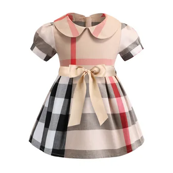 Hot Sale High quality girls summer clothing Children 100% cotton kids girls short sleeve plaid dress for 3T-7