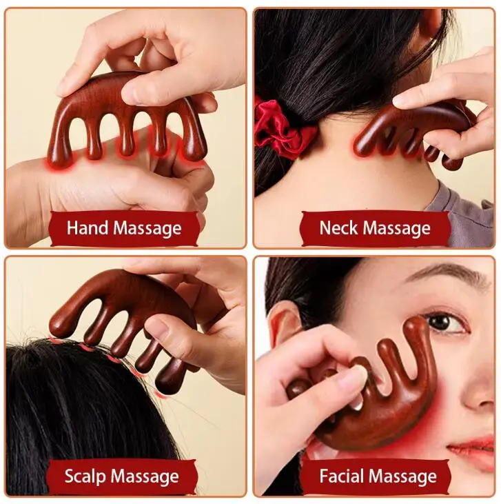 2025 Custom Scalp Gua Sha Comb Natural Wooden Sandalwood Wide Tooth Meridian Scalp Massaging Hair Comb