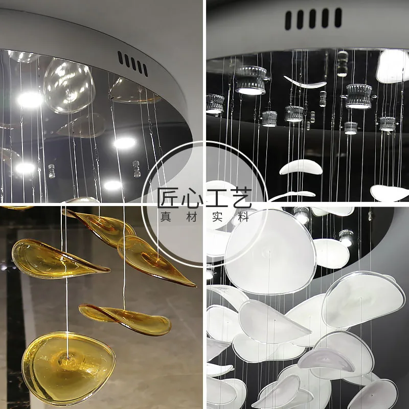 Modern DIY Scallop Ceiling Light Long Stair Raindrop Lighting Lotus Leaf Glass  Chandelier for Villa