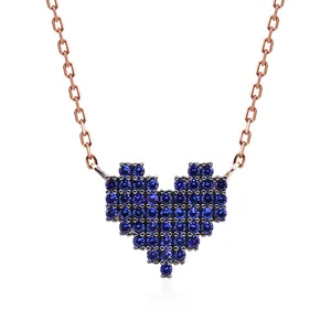 Simple Design Fashion 925 Sterling Silver Necklaces Blue Crystal Stone Heart Shape Boho Necklace for Women