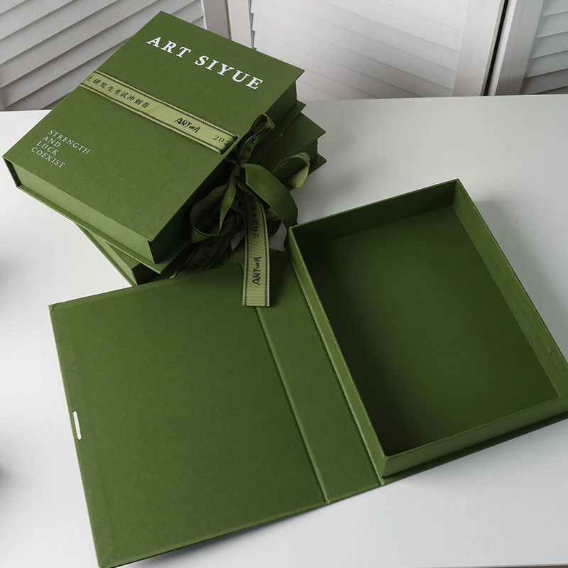 luxury designs custom logo book green paper cardboard gift box packaging with ribbon manufacture