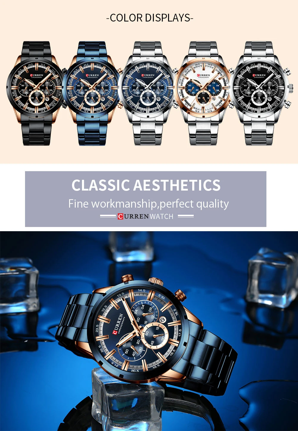 CURREN 8355 factory direct wholesale water resistant stainless steel band watch 3 dials chronograph mens watches wrist