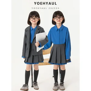 YOEHYAUL CD1370 4-16T Collegiate Style Teen Girls Clothing Sets Child Long Sleeve Shirt Jacket Skirt Set for Kids Girl