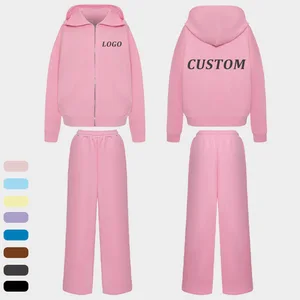 OEM Winter 2026 Activewear Sport Outfit Women High Quality Sweatpants and Hoodie Set 2pcs Workout Cotton pink Tracksuit