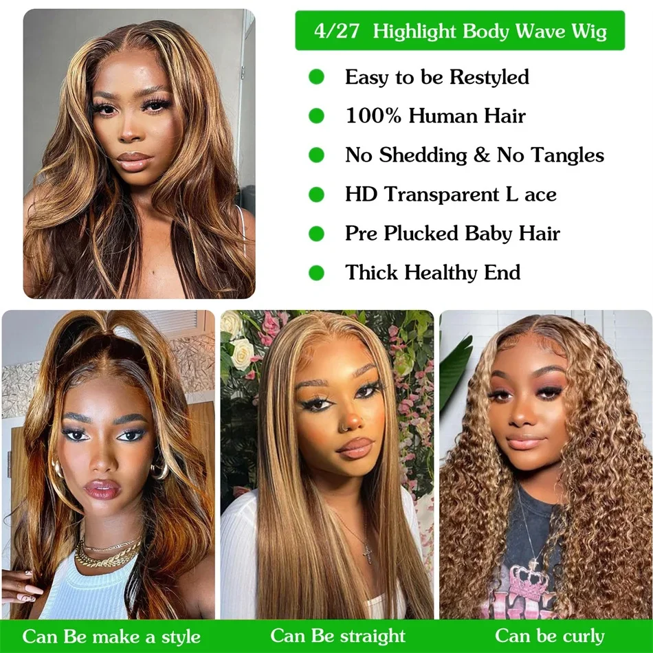 Perruques en dentelle frontale ombrées, cheveux humains, 4/27, blond miel, ondulées, HD, transparentes, pré-épilées_voghion.com