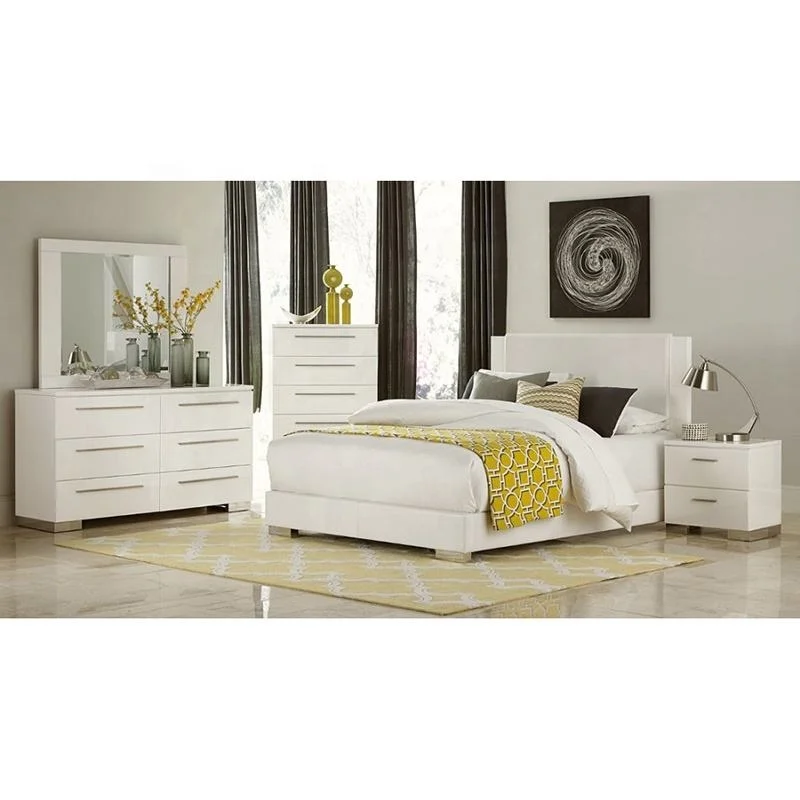 11NAA034 High Gloss White Modern Sleeping Room Wardrobes King Size Double Bed Queen Bedroom Set Furniture