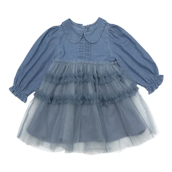 Spring and Autumn 2025 New Style Denim Chiffon Dress for Girls Little Girl Tulle Casual Dress Children's Dress