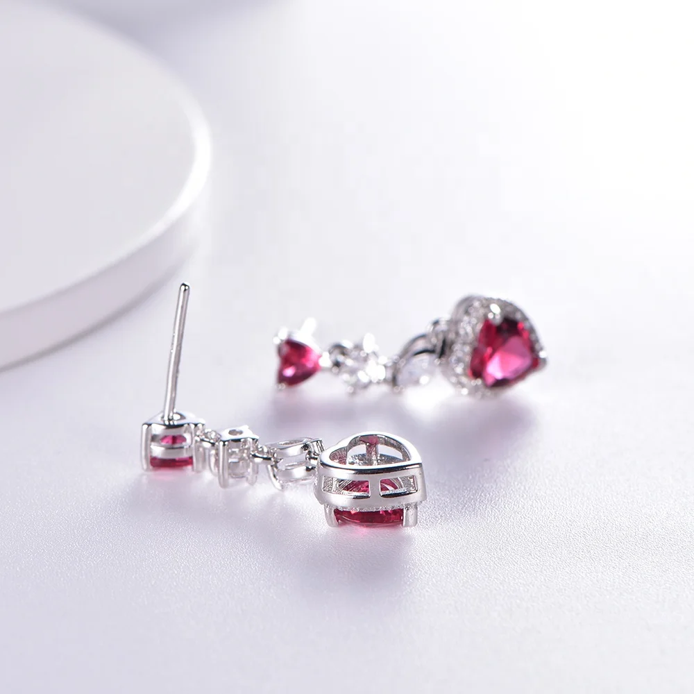 Women Fashion Silver Jewelry Heart Dangle Earrings CZ Zircon Ruby Diamond Earrings Handmade Drop Earrings