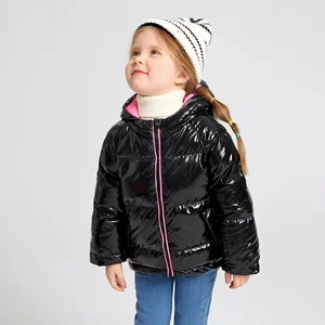 Custom Baby Kids Shiny Warm Zipper Toddler Girls Contrast Seam Raglan Sleeve Hooded Puffer Winter Coat Kids Clothing
