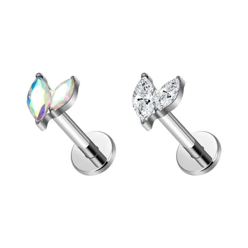 New ASTM F136 Titanium Internal Thread Leaf Shape Piercing Nose Stud Marquise CZ Labret Ear Cartilage Tragus Helix Body Jewelry