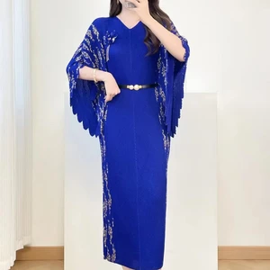 Summer Oversized Loose-fitting batwing Sleeve Gold-embroidered Miyake Pleated Dress