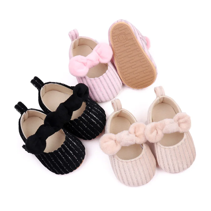 Spring and Autumn Plush Bow Striped Soft Soled Toddler Shoes for Baby Girls