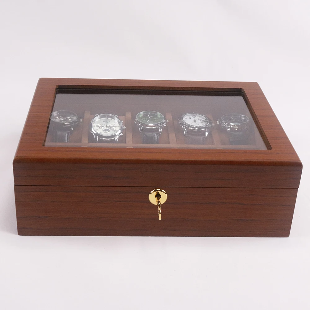 10 Slots Walnut Wooden Grain Watch Storage Box Teak Grain Wood Watch Organizer Case Display Box With Suede Cushion