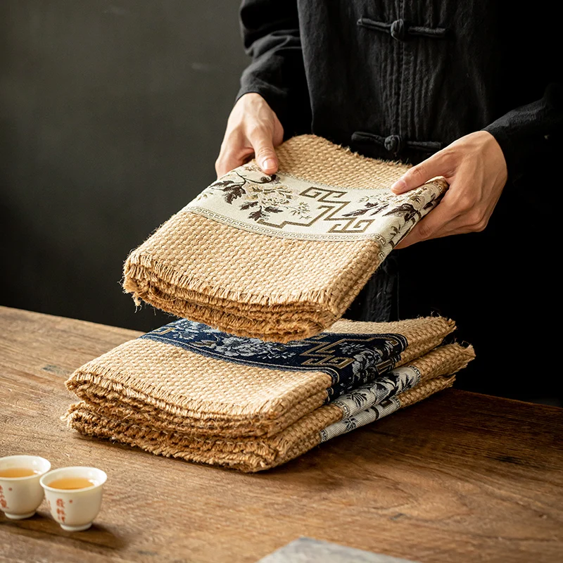 Индивидуальный Настольный коврик, натуральный, ручной работы, коврик для чая из грубой конопли, коврик из грубой конопли с вышивкой