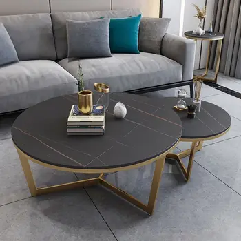 Italian Modern MDF Living Room Home Light Luxury Gold Metal Leg  Marble Slate Coffee Table Set