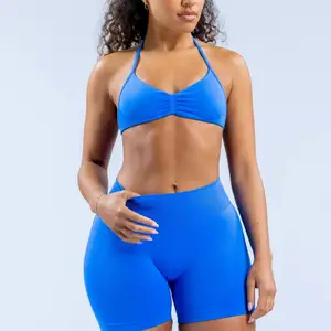 High Quality Women's Seamless High-Impact Sports Bra Sets for Woman Custom Logo Gym Workout Halter Sports Backless Bra Padded