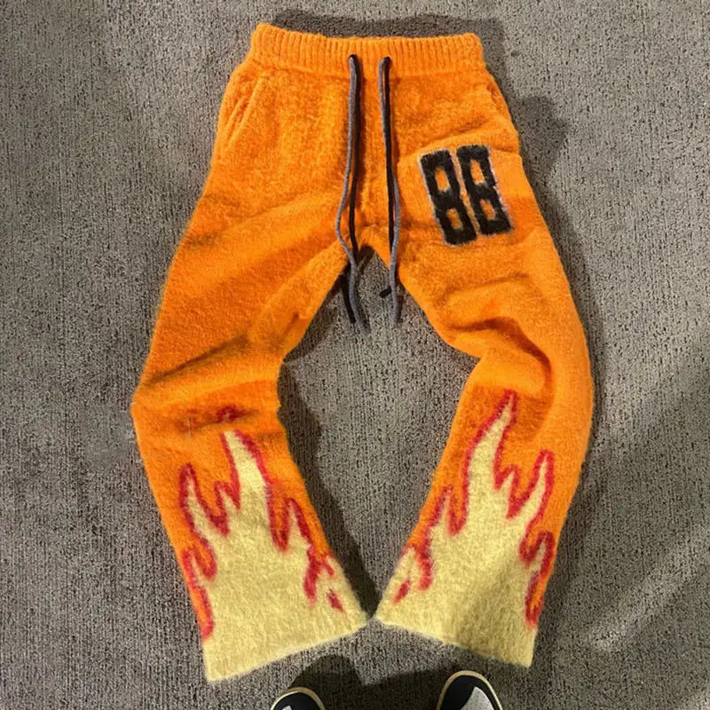 Custom Logo New Solid Color Mohair Trousers Winter Warm Knitted Drawstring Sweatpants Fuzzy Flared Pants for Men gallery 2