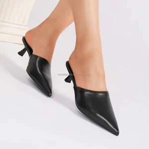 1702-9 Autumn New Pointed Toe Mule Heel Shoes Simple Style Solid Black High Heeled Mule Sandals for Women