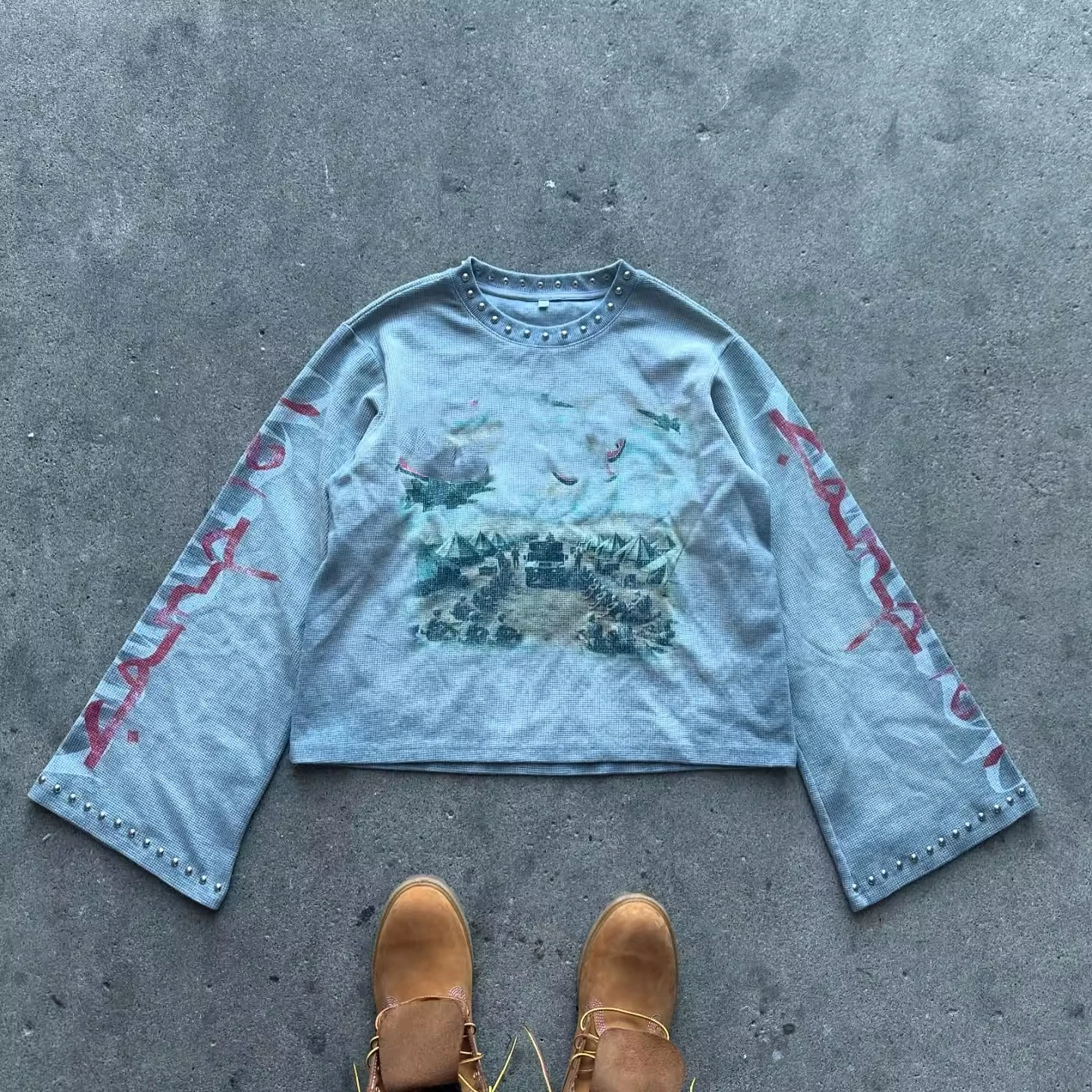 Clothing Manufacturers Custom Streetwear Graphic Printed Rivet Waffle Long Sleeve Oversized Cropped T-shirt Boxy t Shirt for Men gallery 8