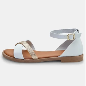 Factory Direct Women White Gold Sandals Ankle Strap Flat Custom Logo Comfortable Summer Beach Wholesale