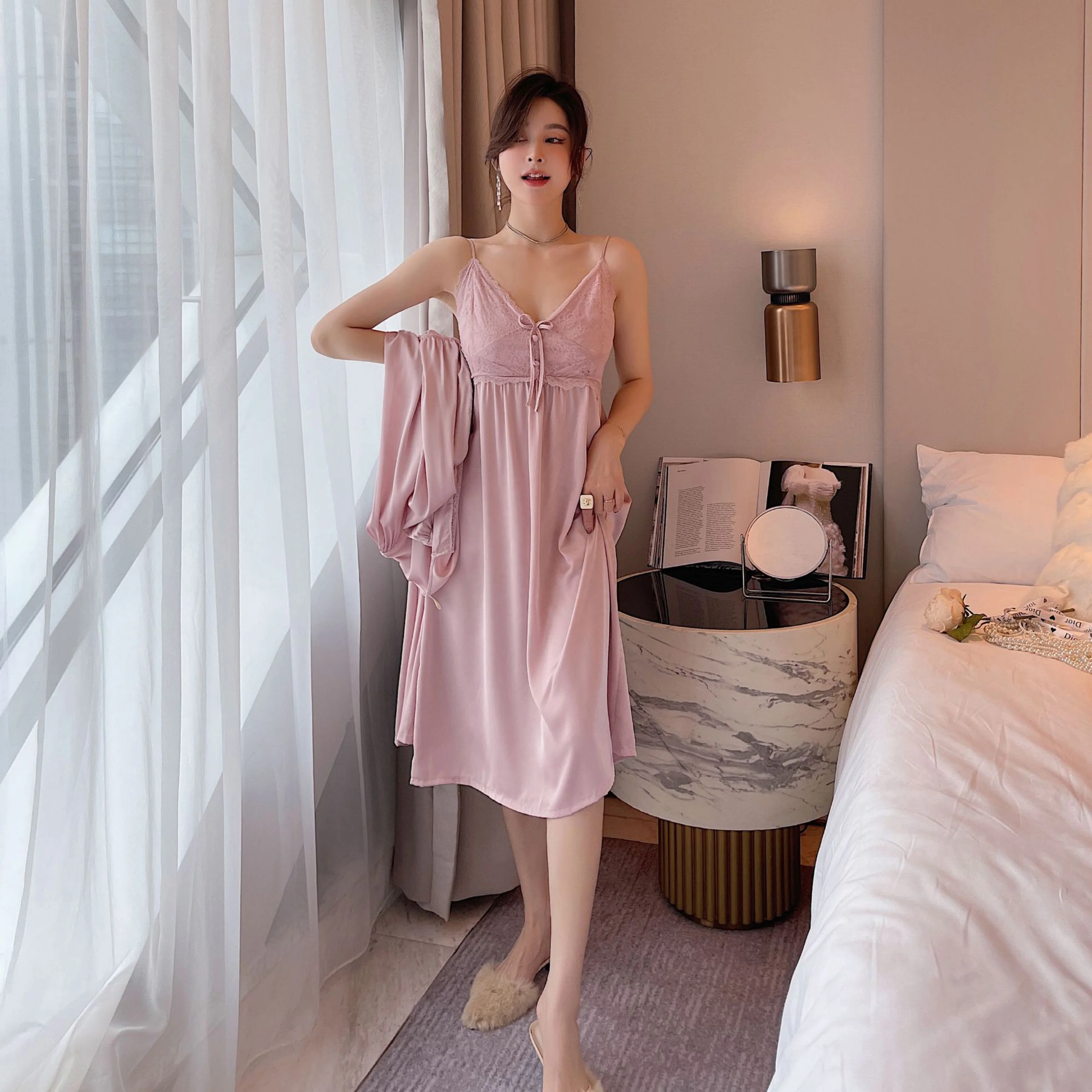 2022 Spring Summer 2 Pieces Ice Silk Long Nightwear Sleepwear Elegant Silk Satin Vintage Pajamas Set for Women