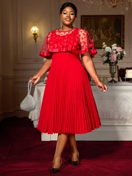 AM050741 Mesh Butterfly Pleated a Line Midi Casual Red Dress for Christmas Day