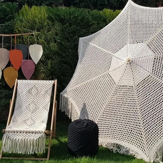 Luxury 2.5M Wooden Pole Macrame Ropes Open Parasol Sun Protection Garden Patio Umbrella with Modern Design for Hotels Parks