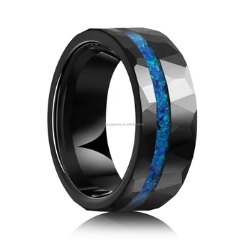 POYA 8mm Fashion Inlay Blue Opal Black Hammered Tungsten Ring for Wedding Gift Anniversary for Men