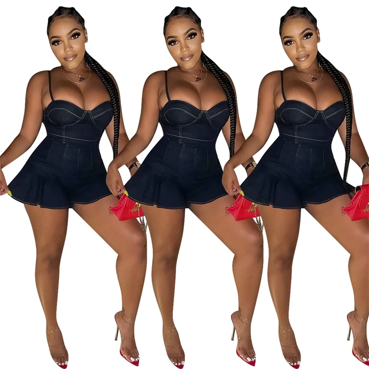 MOEN Good Quality Suspender Black Ruffles Summer Bodycon Short Rompers Women Denim Jean One Piece Jumpsuits