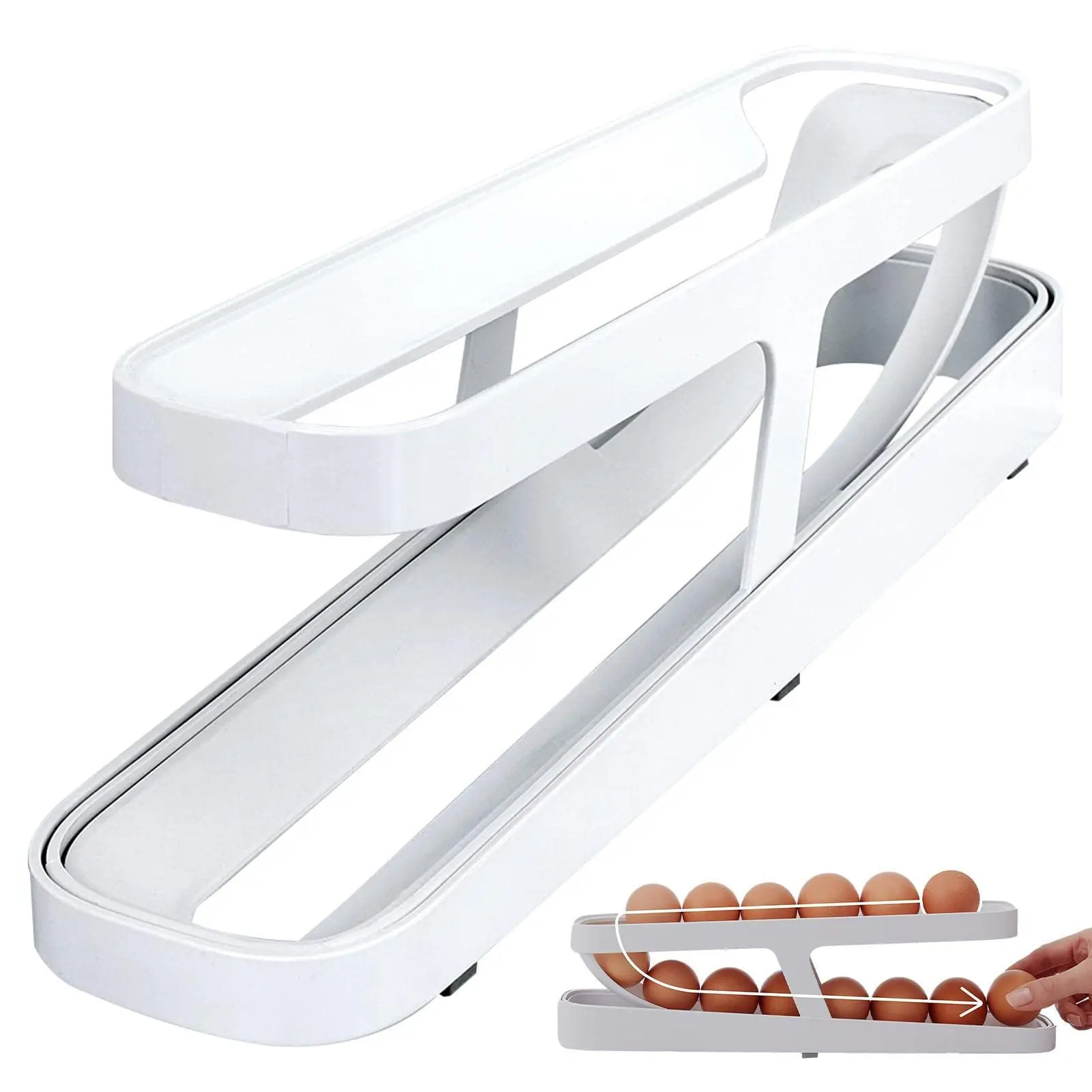 Plastic White Fridge Large Capacity Auto Rolling Egg Dispenser Organizers Rolldown Fridge Egg Holder for Refrigerator