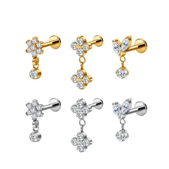 G23 Titanium 16G Ear Piercing Double CZ Flower Dangle Flat Back Stud Fashion Earrings Labret Lip Helix Tragus Party Jewelry