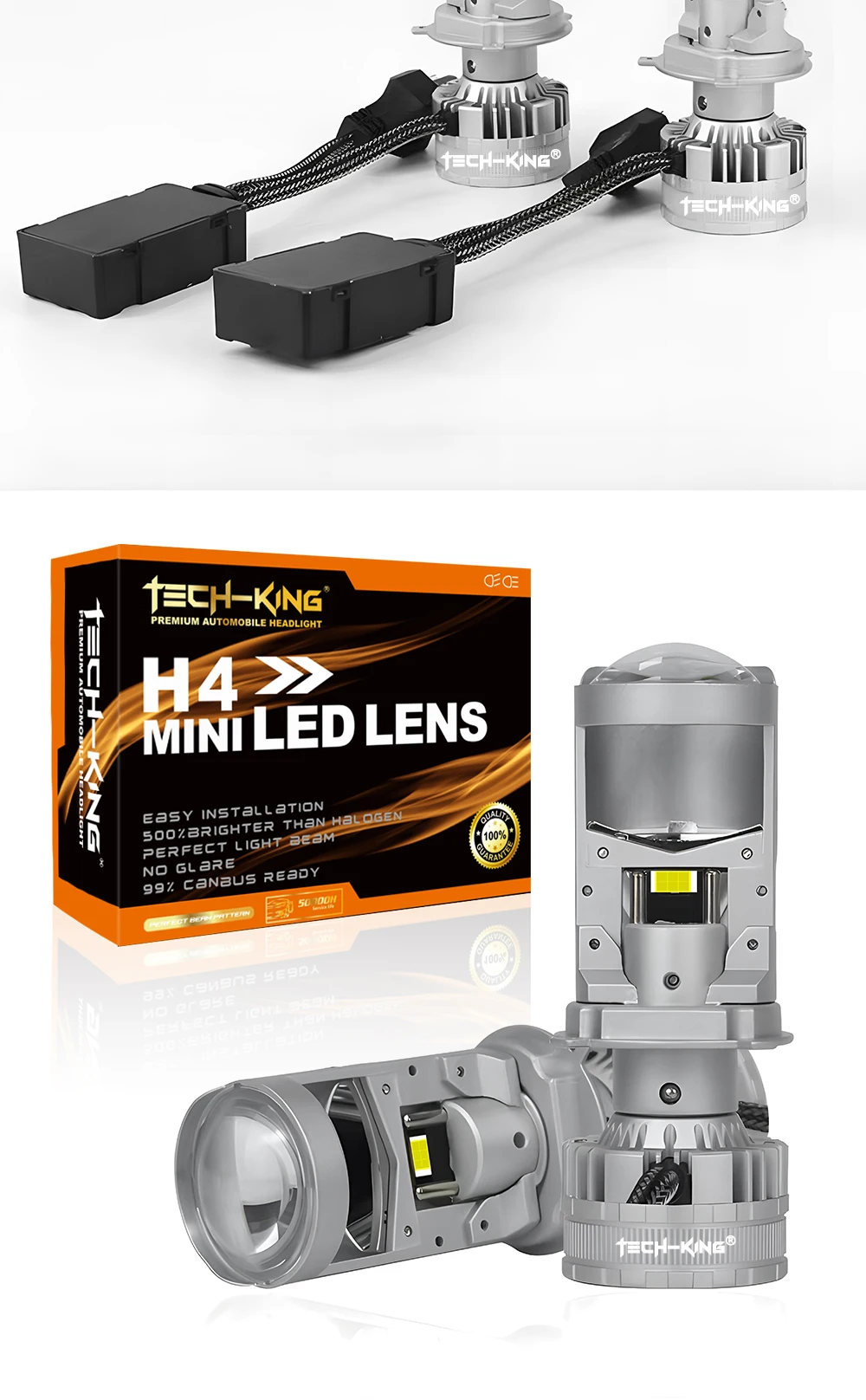 TECH-KING Super Factory Manufacture Bright Car Headlight High Beam Low Beam 160W H4 Mini Bi-led Projector Lens Led Headlight