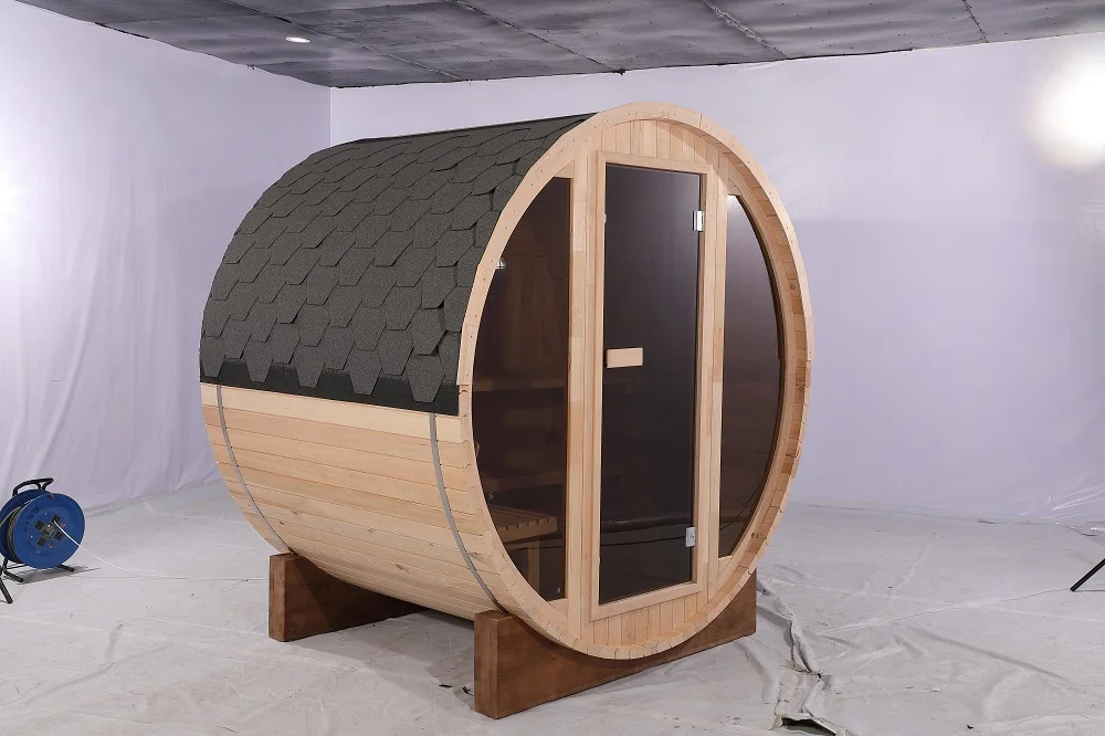 Panorama Window Hemlock Wood Outdoor Barrel Sauna With Electric Harvia ...