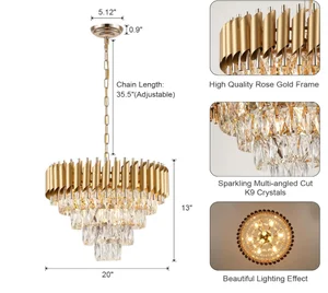 JACKSUN Modern Gold 6-Tiers Crystal K9 Round Chandelier E14 Base 12 Lights Ceiling Pendant Light Living Room Hotel Hanging Light