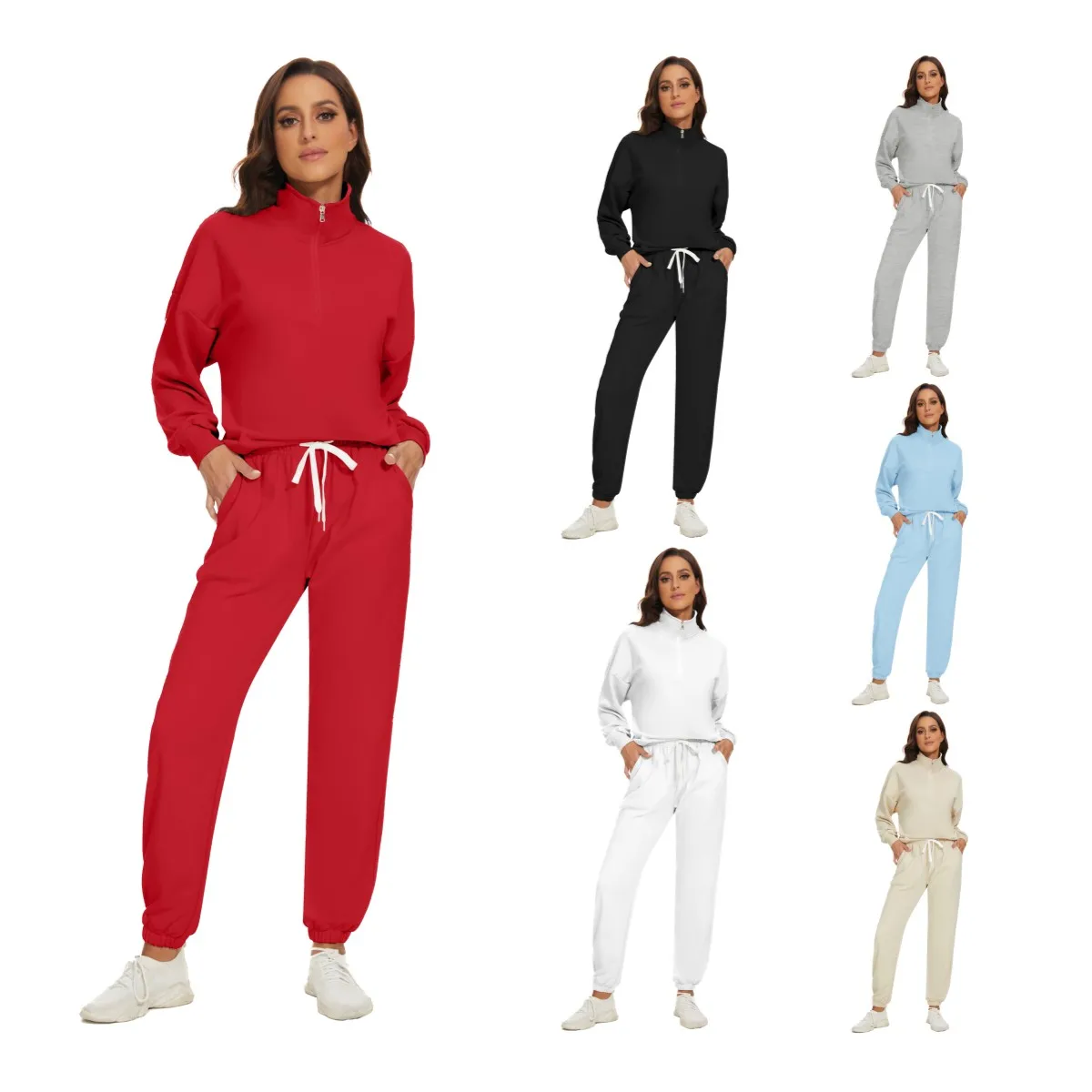 Fall Winter Custom Women Blank Half Zip Sweatshirt and Sweatpants Sets Streetwear Two Pieces Tracksuits for Women