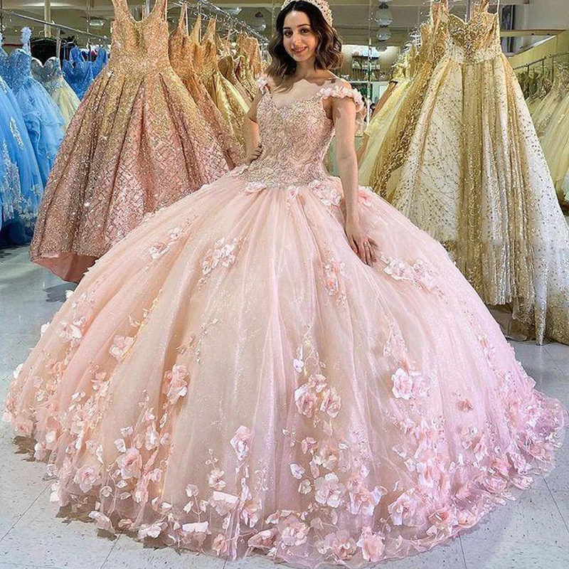 Shop QD1575 Blush Pink 3D Floral Quinceanera Dresses 2023