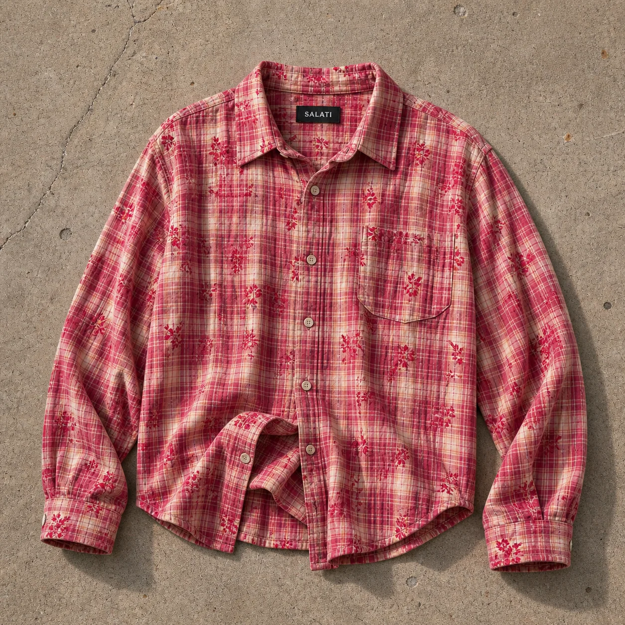 OEM Custom Mens Casual Shirts Vintage Plaid Flannel Washed Floral Pattern Button up Loose Fit Streetwear Men Long Sleeve Shirt gallery 7
