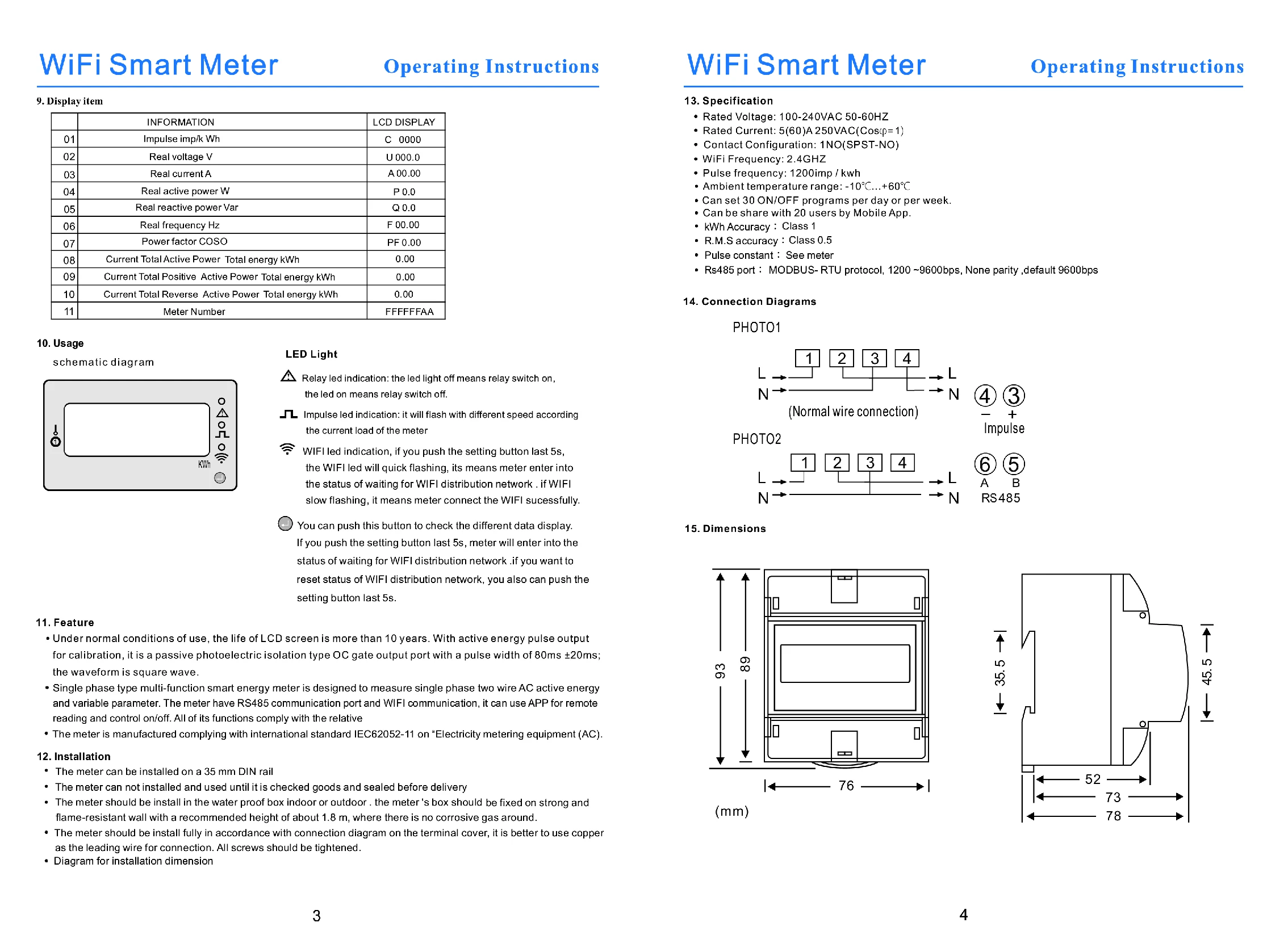 YEM-S6004 Single-Phase Smart Energy Meter with WIFI LCD