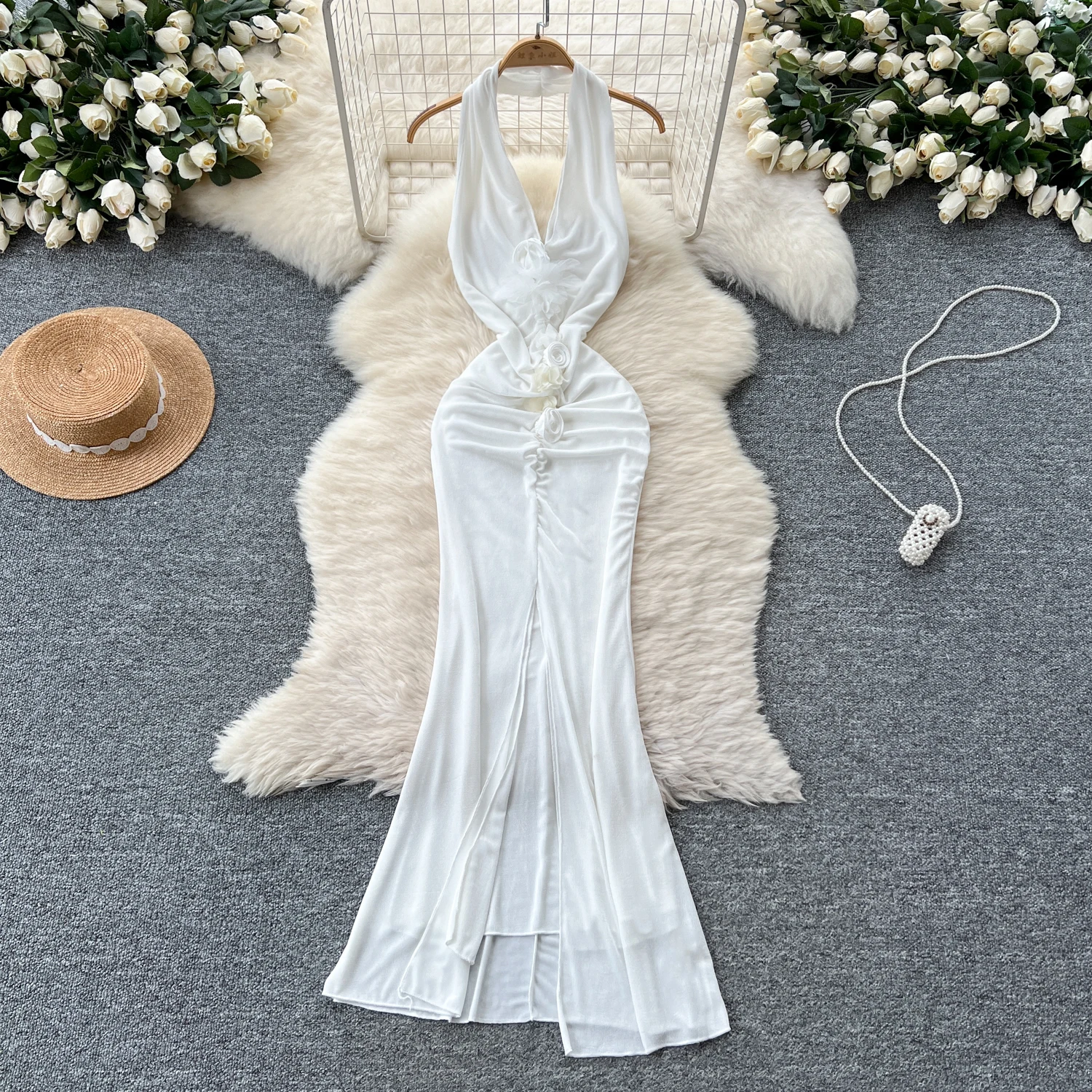 Summer Y2K V-Neck Slit Hip Midi Dress For Women Empire 3D Lace Dress|  Alibaba.com