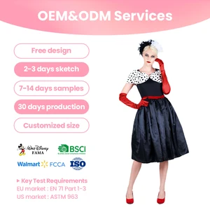 Black Red Polka Dot Dress Adult Dalmatian Costume with Gloves and Hat for Cosplay Parties