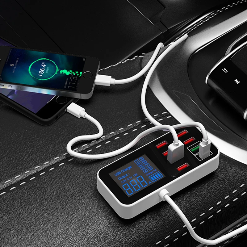 8 USB Ports Car Charger with 40W 8A PD Function LCD Lights Indicating Fast Charging for Multiple Devices